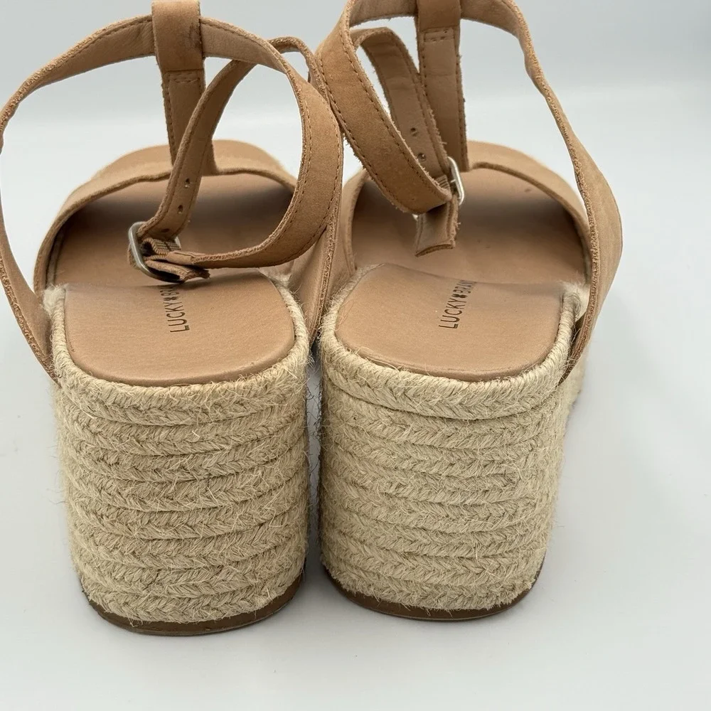 Lucky Brand Valki Sandals Womens‎ Sz 7M Beige Leather T-Strap Espadrille Wedge
